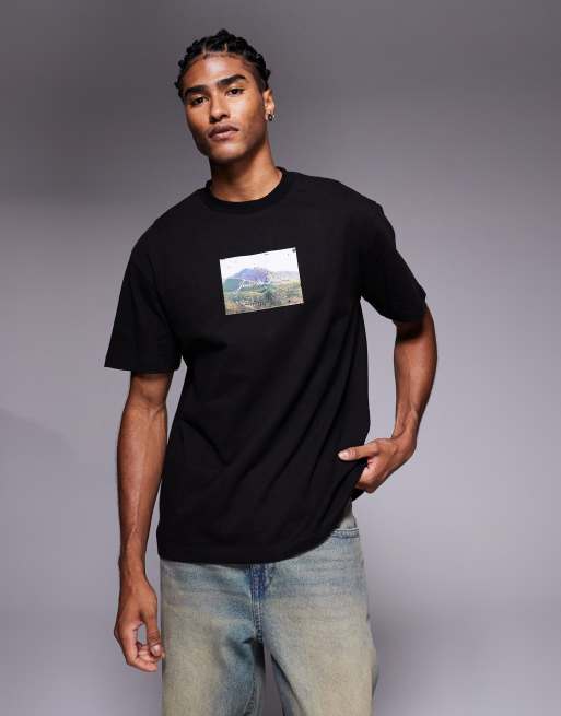 ASOS DESIGN – Czarny T-shirt o luźnym kroju z grafiką z motywem krajobrazu