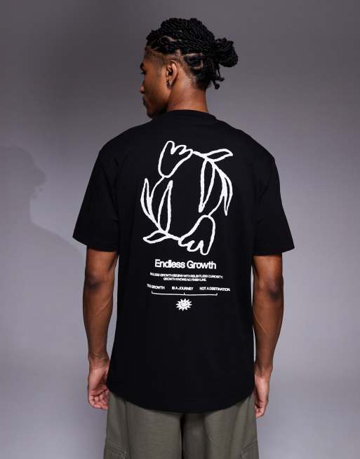 ASOS DESIGN – Czarny T-shirt o luźnym kroju z kwiatową grafiką i napisem