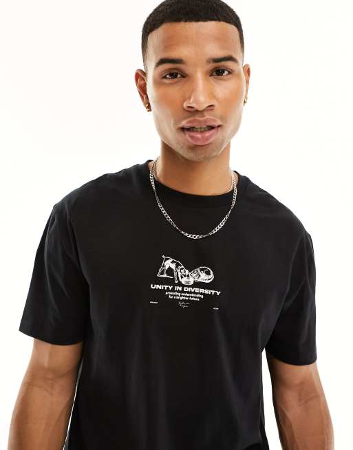 ASOS DESIGN – Czarny T-shirt o luźnym kroju z rysunkiem z przodu