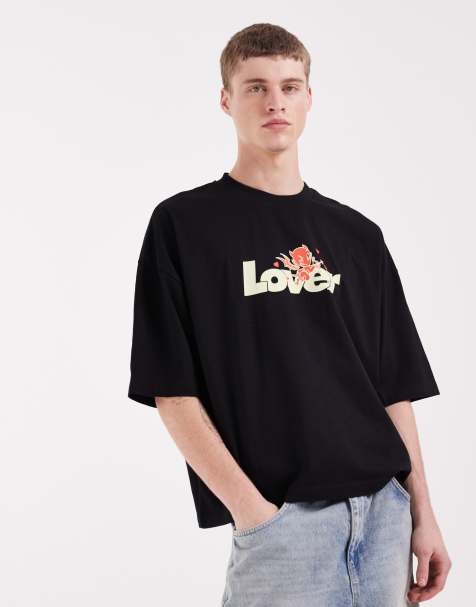 ASOS DESIGN – Czarny T-shirt o pudełkowym kroju oversize z grafiką „Lover“ z przodu - view 1