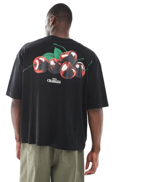 ASOS DESIGN – Czarny T-shirt o pudełkowym kroju oversize z grafiką z wiśniami - view 1