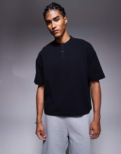 ASOS DESIGN oversized boxy henley t-shirt in black waffle