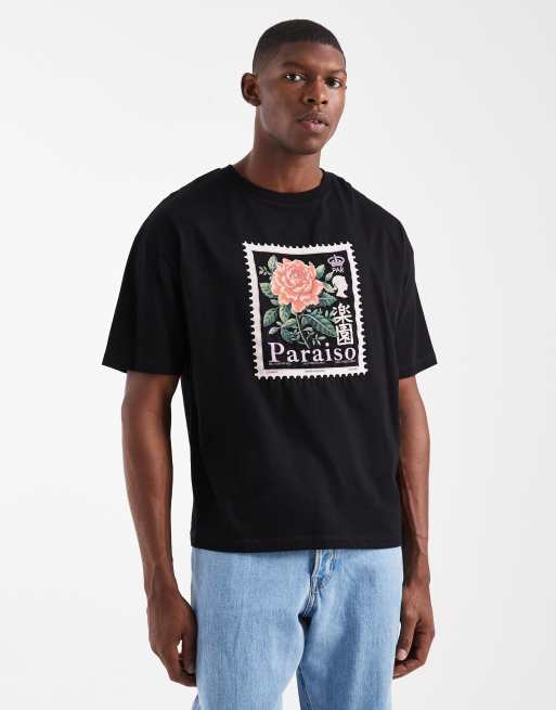 ASOS DESIGN – Czarny T-shirt oversize o pudełkowym kroju z grafiką ze znaczkiem pocztowym z grafiką z kwiatem
