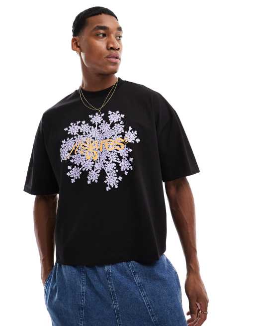 ASOS DESIGN – Czarny T-shirt oversize o pudełkowym kroju z nadrukiem graficznym kwiatów
