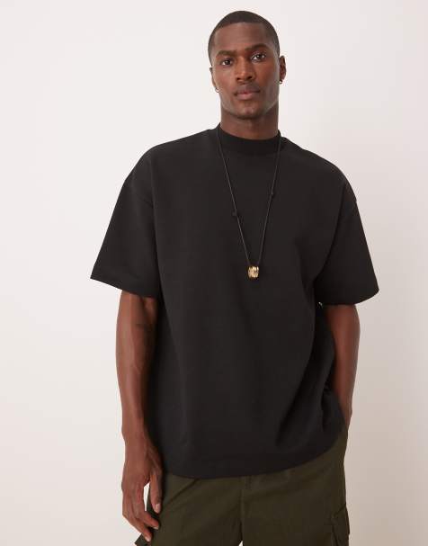 ASOS DESIGN – Czarny T-shirt oversize premium z dzianiny interlock z obniżoną linią ramion, zabudowanym dekoltem - view 1