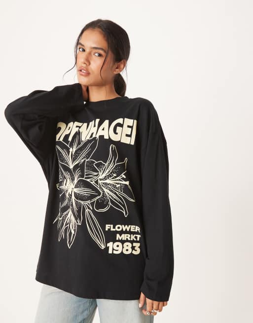 ASOS DESIGN – Czarny T-shirt oversize typu skater z długimi rękawami i grafiką z napisem „Copenhagen”