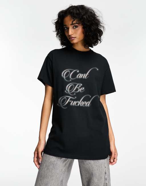 ASOS DESIGN – Czarny T-shirt oversize z chromowym graficznym napisem „Can't Be Fucked”