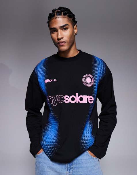 ASOS DESIGN oversized long sleeve t-shirt with football inspired high build graphic in black