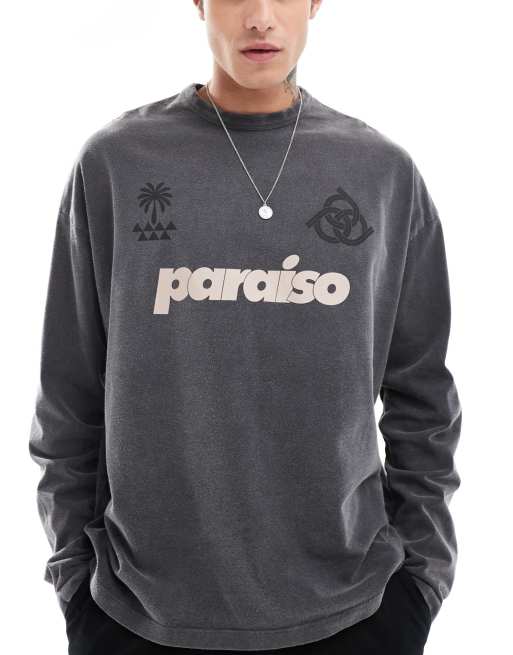 ASOS DESIGN – Czarny T-shirt oversize z długimi rękawami, sportowym nadrukiem z przodu i efektem sprania