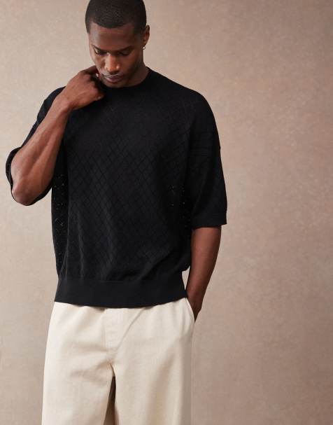 ASOS DESIGN oversized  fit pointelle knitted t-shirt with argyle pattern in black 