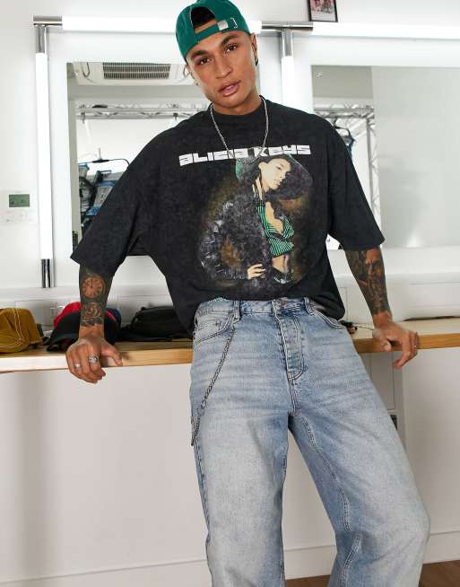 ASOS DESIGN – Czarny T-shirt oversize z efektem sprania i nadrukiem Alicii Keys