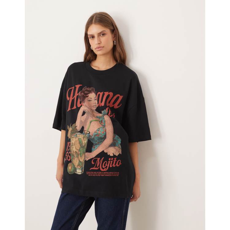 ASOS DESIGN – Czarny T-shirt oversize z grafiką Mojito w
