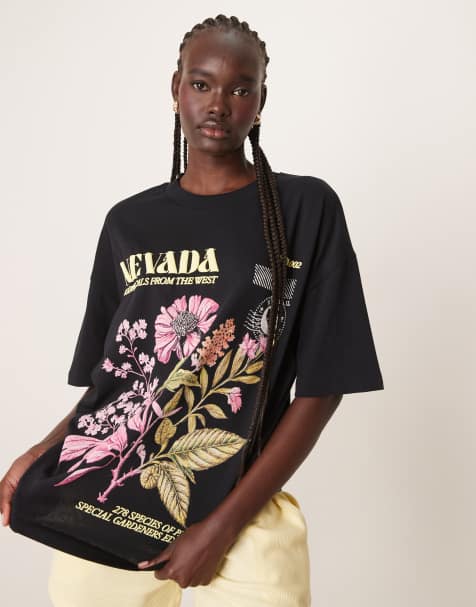 ASOS DESIGN – Czarny T-shirt oversize z kwiatową grafiką z napisem „Nevada” - view 1
