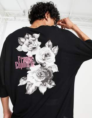 ASOS DESIGN – Czarny T-shirt oversize z kwiatowym fotonadrukiem na plecach