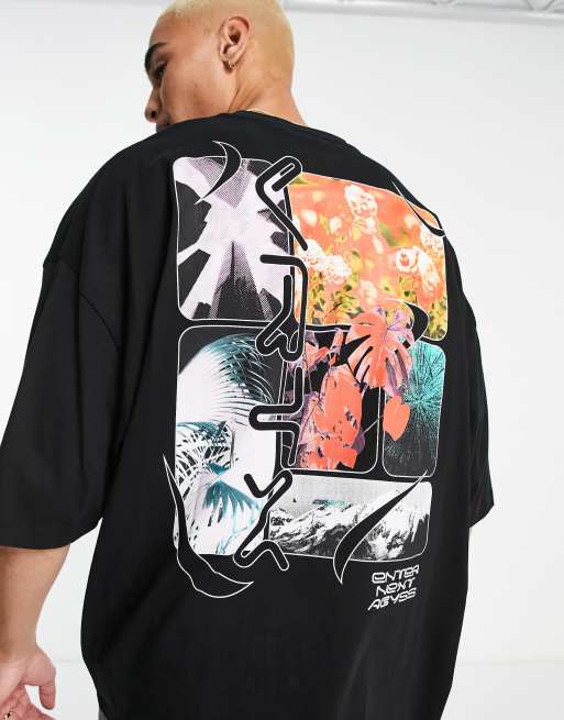 ASOS DESIGN – Czarny T-shirt oversize z kwiatowym fotonadrukiem z napisem na plecach