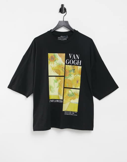 ASOS DESIGN – Czarny T-shirt oversize z nadrukiem obrazu „Słoneczniki” Van Gogha