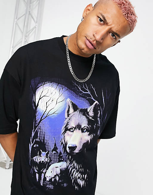 ASOS DESIGN – Czarny T-shirt oversize z nadrukiem wilka