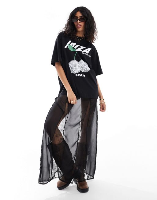 FhyzicsShops DESIGN – Czarny T-shirt zipped oversize z napisem „Ibiza” i motywem dyskotekowej kuli