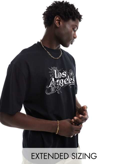 ASOS DESIGN – Czarny T-shirt oversize z napisem „Los Angeles” na piersi