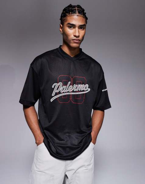 ASOS DESIGN oversized t-shirt with cut and sew and high build sports graphic in black sports mesh
