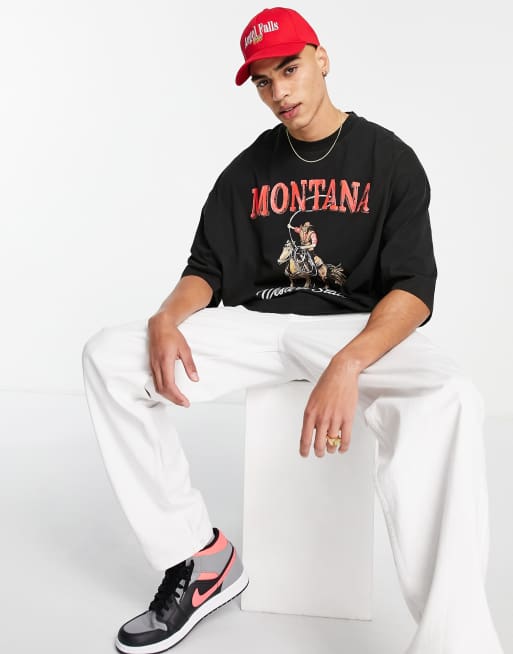 ASOS DESIGN – Czarny T-shirt oversize z nadrukiem kowboja retro z przodu, 3 z 4
