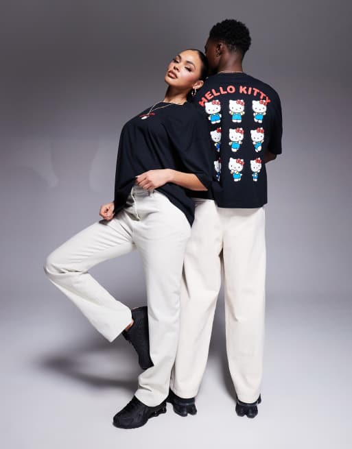 ASOS DESIGN – Czarny T-shirt unisex o fasonie oversize i pudełkowym kroki z licencjonowanym nadrukiem Hello Kitty