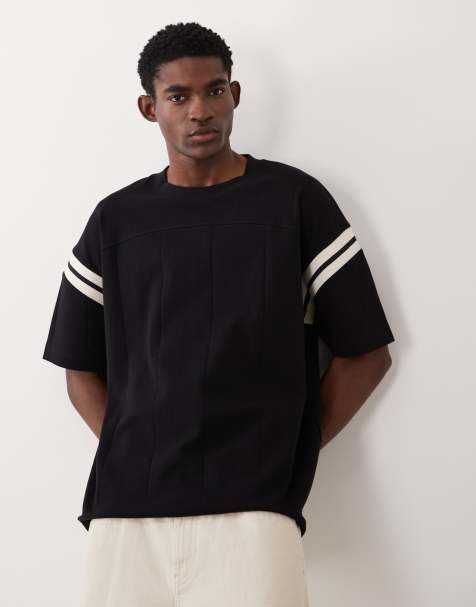 ASOS DESIGN – Czarny T-shirt w szerokie prążki o pudełkowym kroju oversize z kontrastową wstawką - view 1
