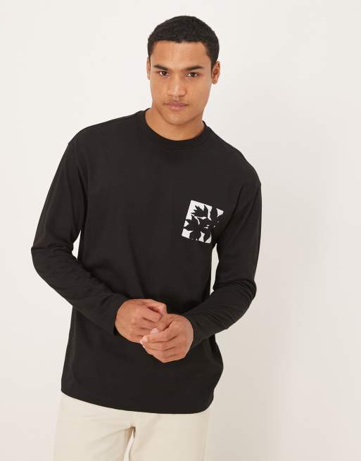 ASOS DESIGN – Czarny T-shirt z długim rękawem i małą grafiką z kwiatem na piersi