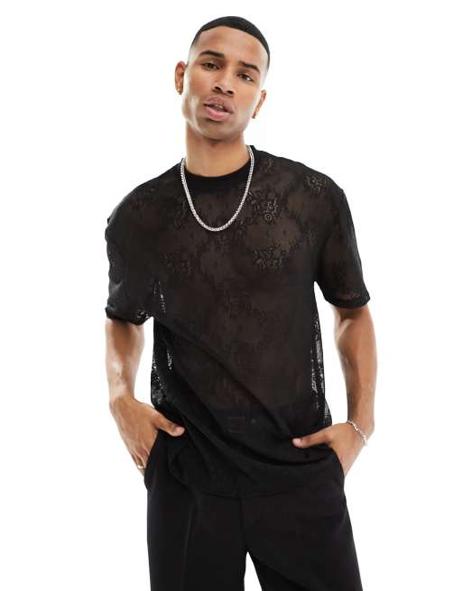 ASOS DESIGN – Czarny T-shirt z kwiatowej koronki o luźnym kroju