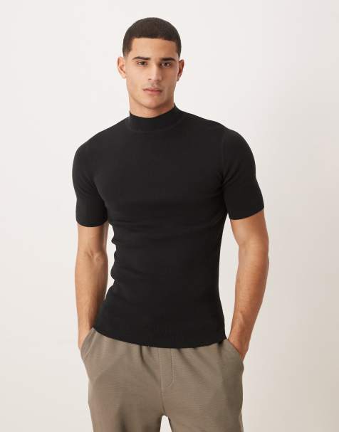 ASOS DESIGN – Czarny T-shirt z mieszanki bawełny o kroju podkreślającym sylwetkę z prążkowanej dzianiny z golfem - view 1