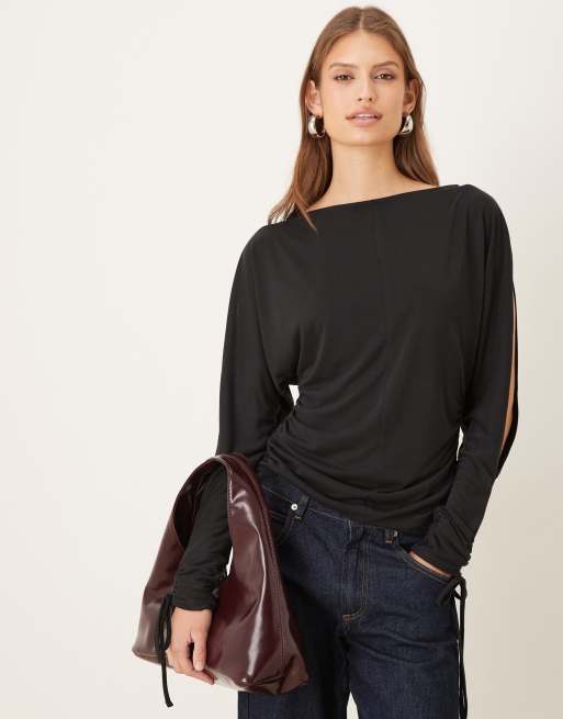 ASOS DESIGN – Czarny T-shirt z modalu z dekoltem w łódkę, długimi rękawami i gorsetową talią
