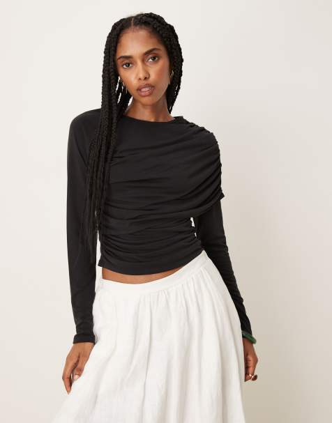 ASOS DESIGN – Czarny T-shirt z modalu z długimi rękawami i kopertowym przodem - view 1