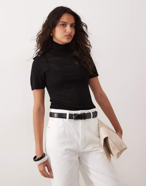 ASOS DESIGN – Czarny T-shirt z prześwitującej dzianiny z golfem - view 1