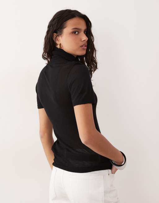 ASOS DESIGN – Czarny T-shirt z prześwitującej dzianiny z golfem, 4 z 4