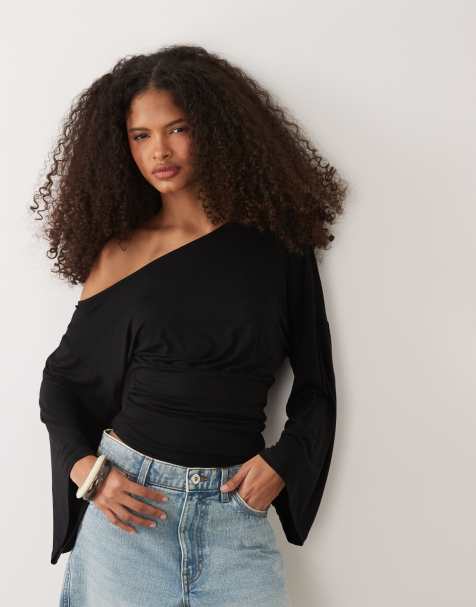 ASOS DESIGN – Czarny, taliowany top z odsłoniętym ramieniem - view 1