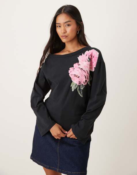 ASOS DESIGN cinched waist slash neck top in black with flower graphic