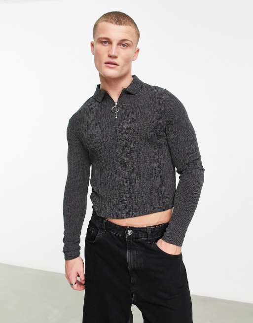 ASOS DESIGN – Czarny teksturowany T-shirt o kroju podkreślającym sylwetkę z kołnierzykiem polo, długimi rękawami i kontrastowym szwem 