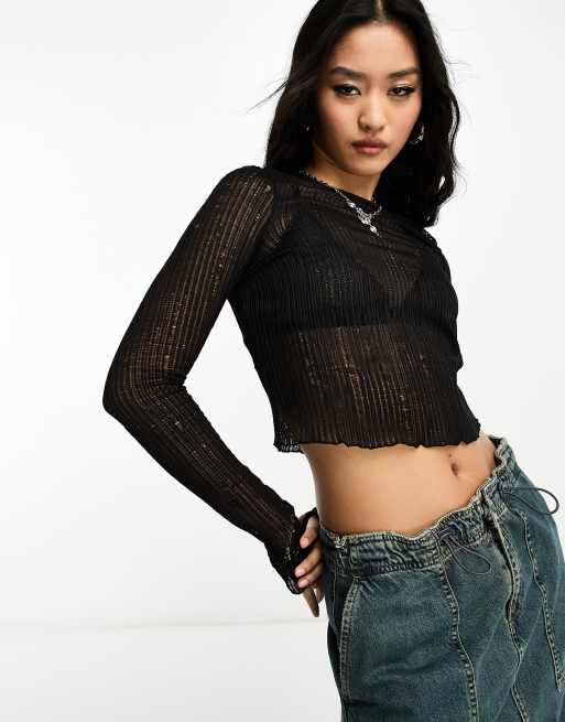 ASOS DESIGN – Czarny teksturowany top z długim rękawem i sznurowaniem