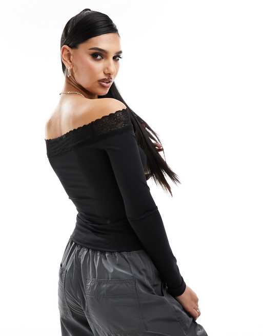 ASOS DESIGN – Czarny top bardot z koronkowym wykończeniem, 4 z 4