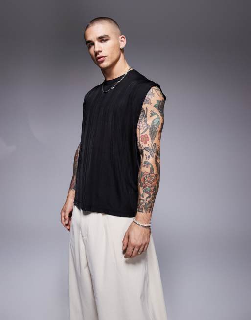 ASOS DESIGN – Czarny top bez rękawów oversize o pudełkowym kroju w prześwitujące paski