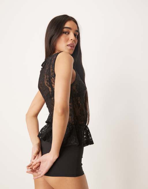 ASOS DESIGN – Czarny top bez rękawów z prześwitującej siateczki z baskinką, 3 z 4