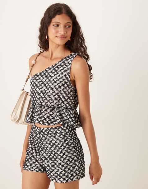 ASOS DESIGN co-ord embroidered one shoulder frill peplum top in black