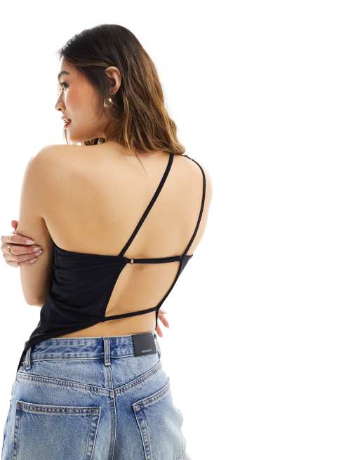 ASOS DESIGN – Czarny top na jedno ramię z ozdobnymi paseczkami, 4 z 4