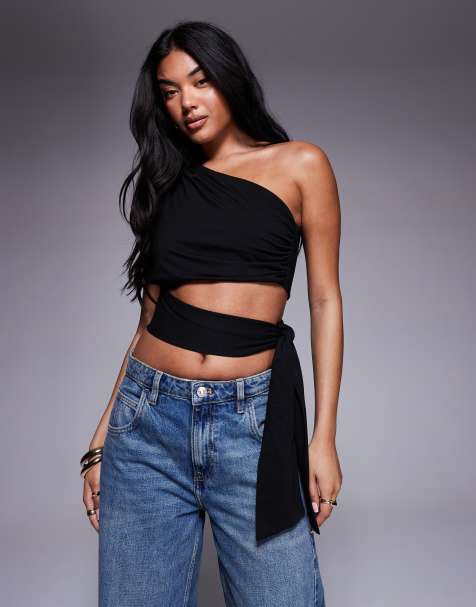 ASOS DESIGN clean one shoulder tie side top in black