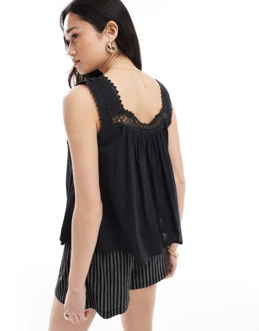 ASOS DESIGN – Czarny top na ramiączkach z dekoltem karo i koronką, 4 z 4