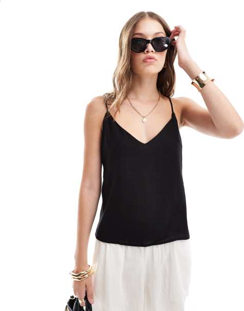 ASOS DESIGN – Czarny top na ramiączkach z domieszką lnu z dekoltem w kształcie litery V - view 1