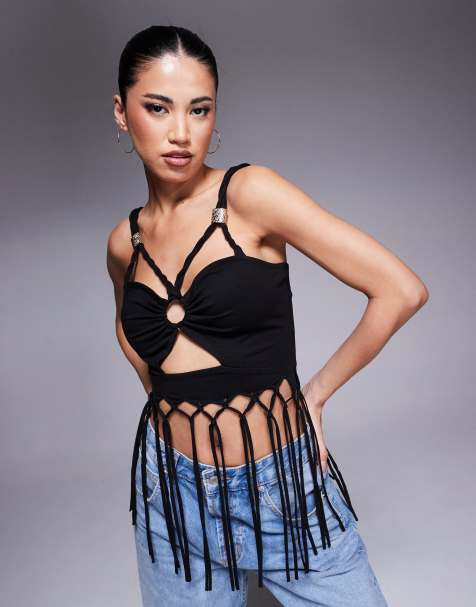 ASOS DESIGN – Czarny top na ramiączkach z marszczeniem z przodu i frędzlami - view 1