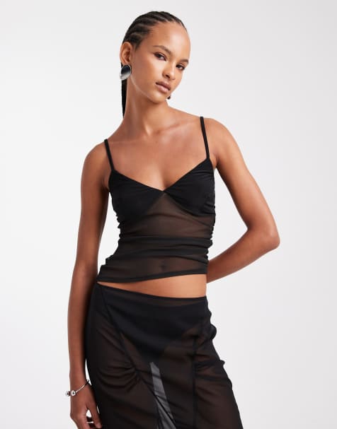 ASOS DESIGN asymmetric hem ruched slinky mesh cami top in black