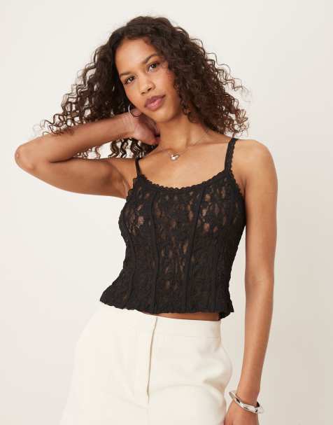 ASOS DESIGN sheer lace cami top with trim detail in black