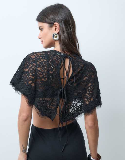 ASOS DESIGN – Czarny top o kroju pelerynki z koronką, 3 z 4
